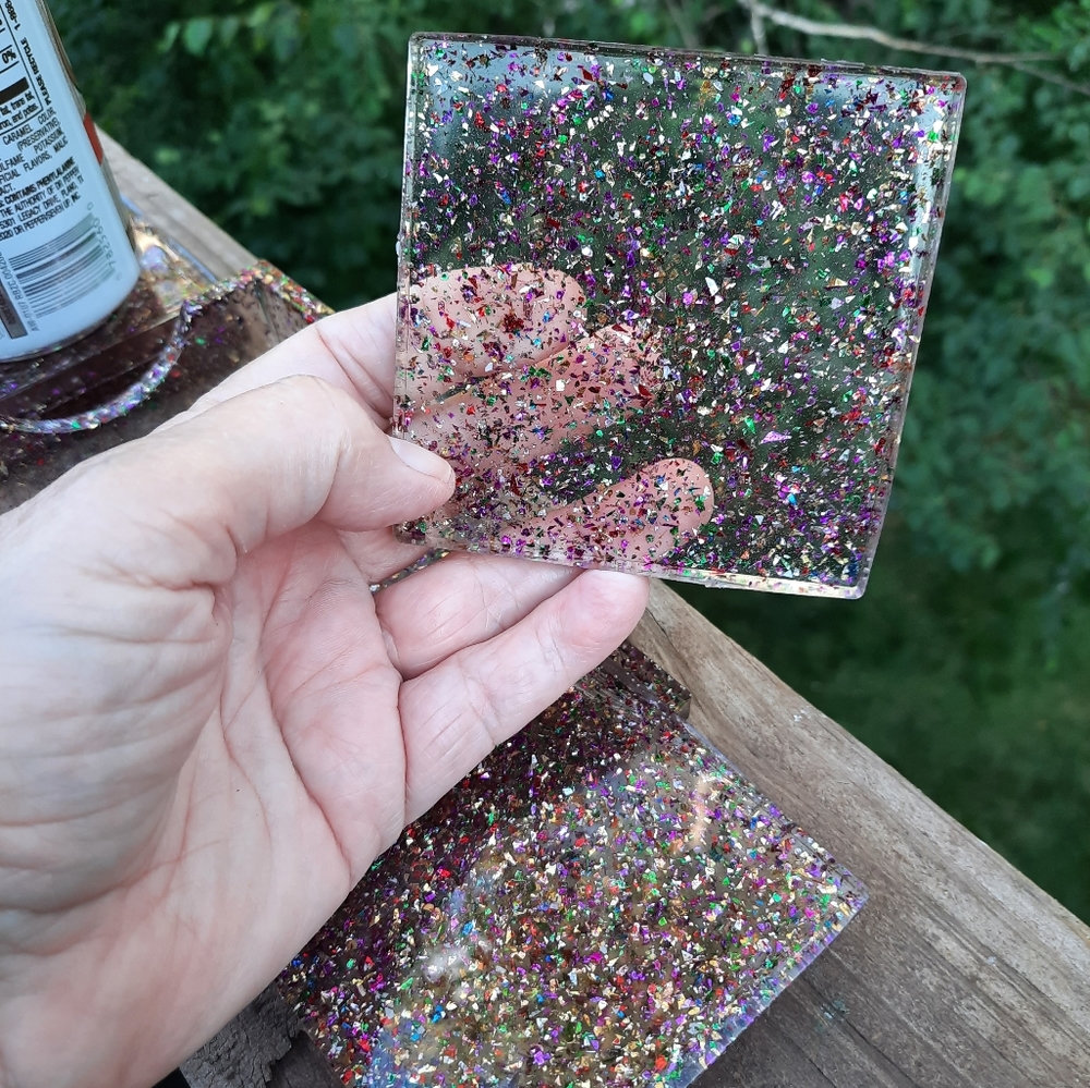 Glitter Clear resin coasters & holder set handmade Barbie